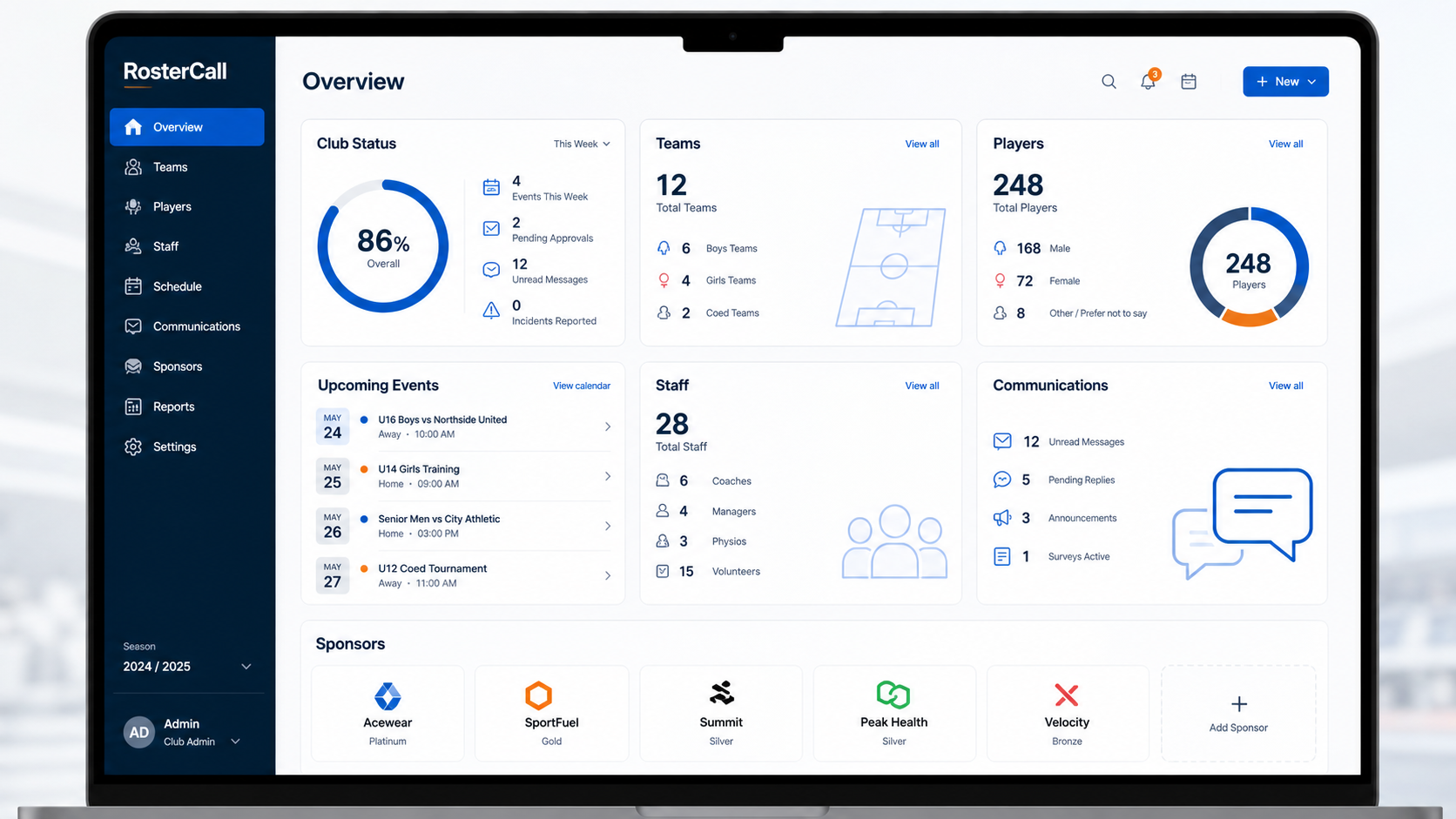 Anteprima illustrativa della dashboard RosterCall con riepilogo societa, squadre, staff e comunicazioni
